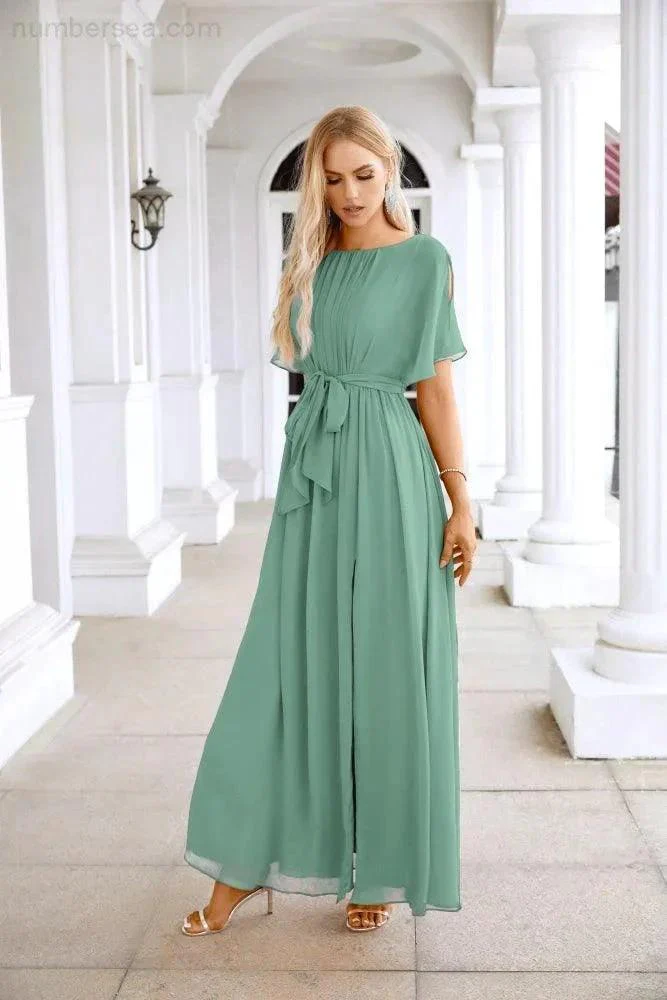 Ladies Chiffon Sleeve Crew Neck Front Slit Floor Length Bridesmaid Evening Dress Wedding Party Evening Dress 28124 - Image 15
