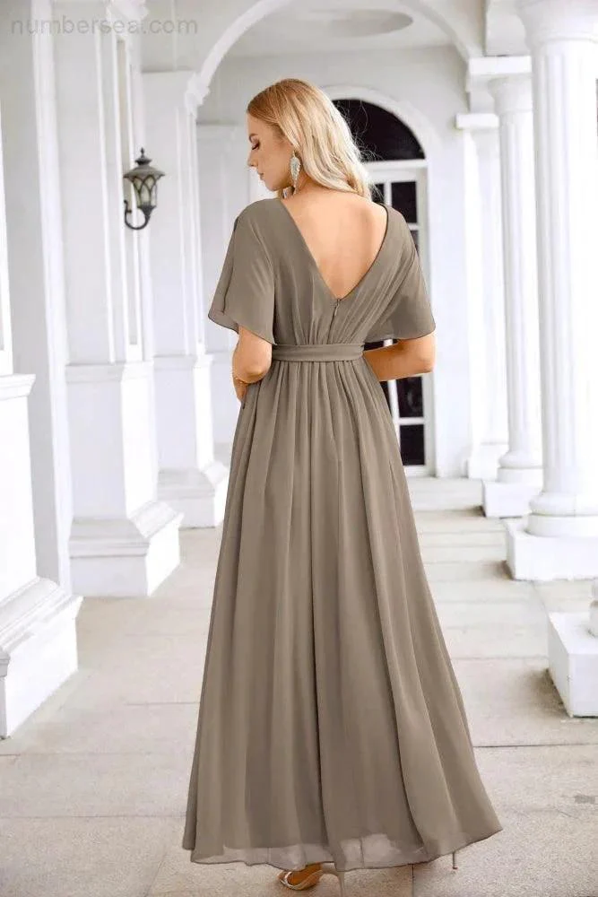 Ladies Chiffon Sleeve Crew Neck Front Slit Floor Length Bridesmaid Evening Dress Wedding Party Evening Dress 28124 - Image 150