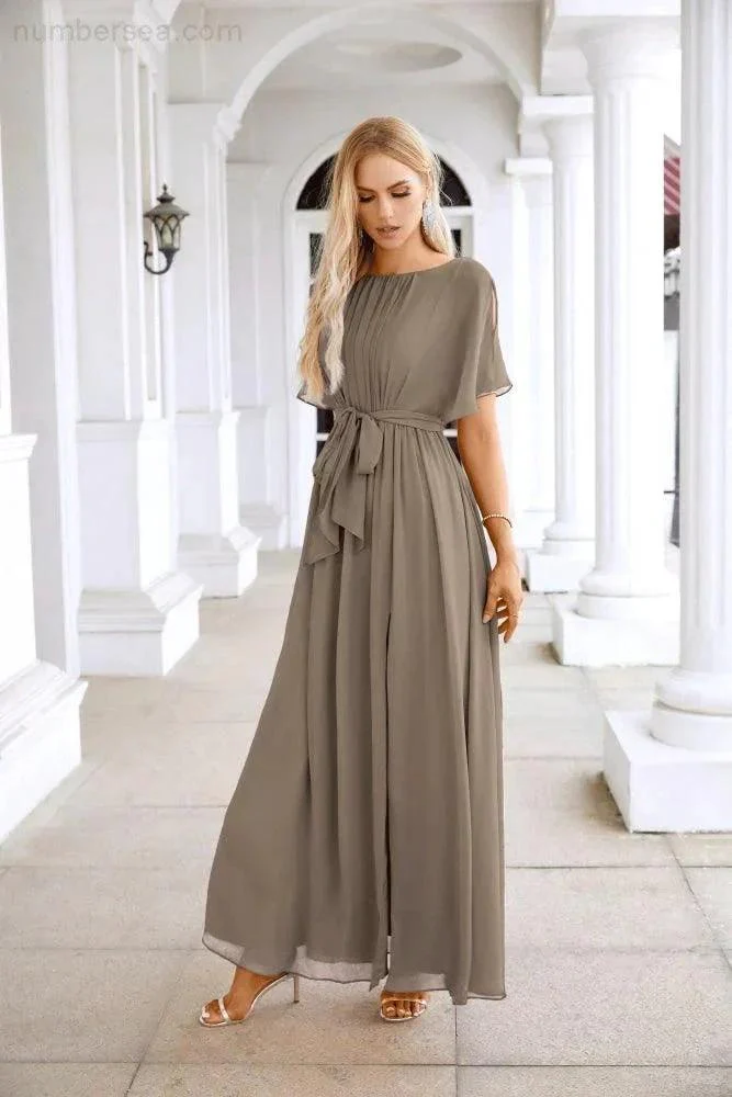Ladies Chiffon Sleeve Crew Neck Front Slit Floor Length Bridesmaid Evening Dress Wedding Party Evening Dress 28124 - Image 151