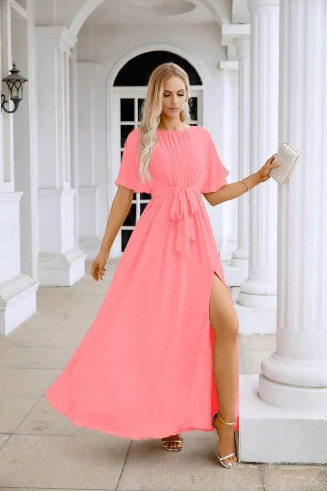 Ladies Chiffon Sleeve Crew Neck Front Slit Floor Length Bridesmaid Evening Dress Wedding Party Evening Dress 28124 - Image 153