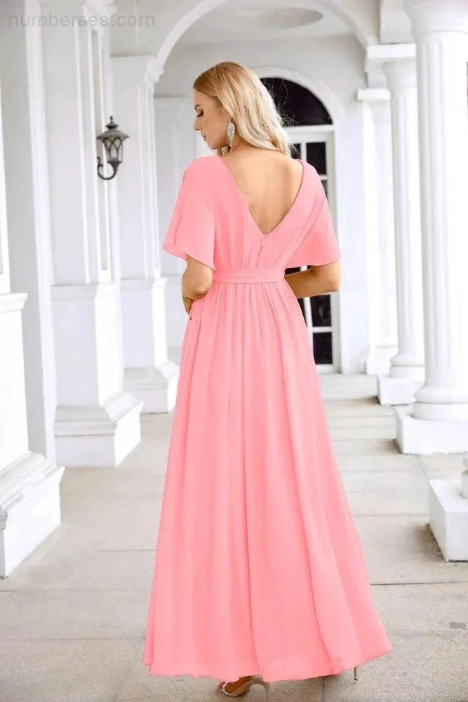 Ladies Chiffon Sleeve Crew Neck Front Slit Floor Length Bridesmaid Evening Dress Wedding Party Evening Dress 28124 - Image 154