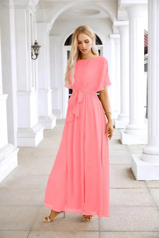 Ladies Chiffon Sleeve Crew Neck Front Slit Floor Length Bridesmaid Evening Dress Wedding Party Evening Dress 28124 - Image 155