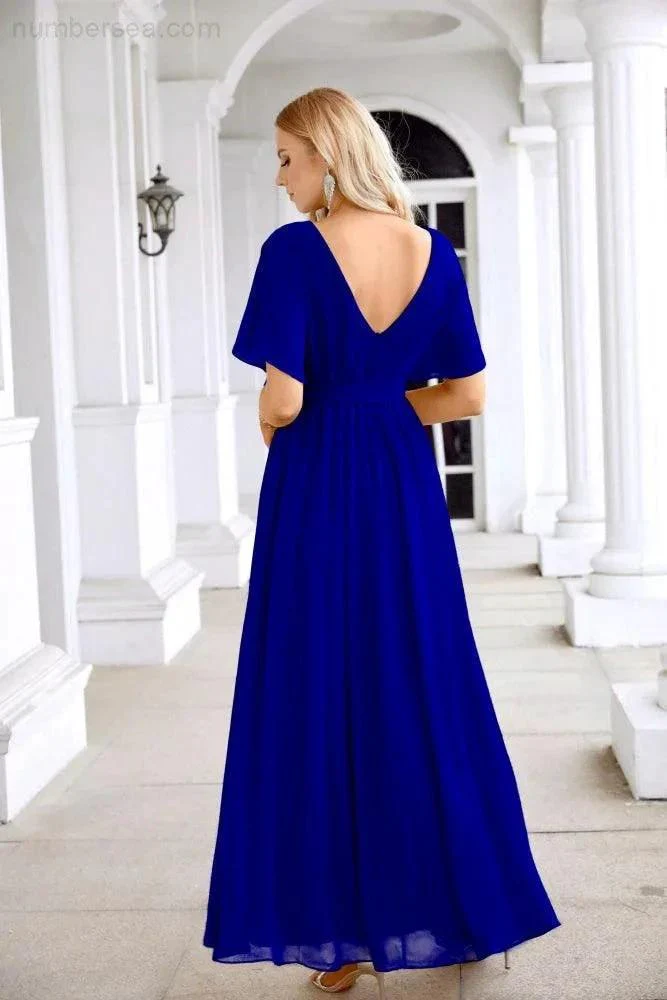 Ladies Chiffon Sleeve Crew Neck Front Slit Floor Length Bridesmaid Evening Dress Wedding Party Evening Dress 28124 - Image 158