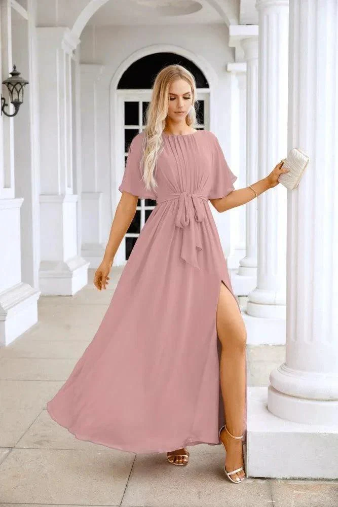 Ladies Chiffon Sleeve Crew Neck Front Slit Floor Length Bridesmaid Evening Dress Wedding Party Evening Dress 28124 - Image 161