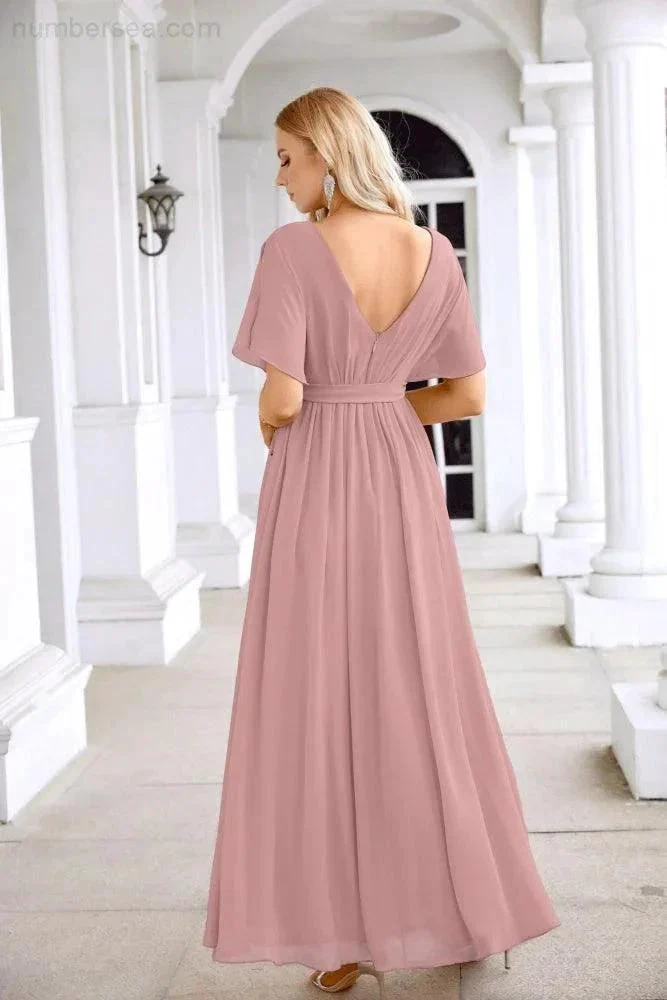 Ladies Chiffon Sleeve Crew Neck Front Slit Floor Length Bridesmaid Evening Dress Wedding Party Evening Dress 28124 - Image 162