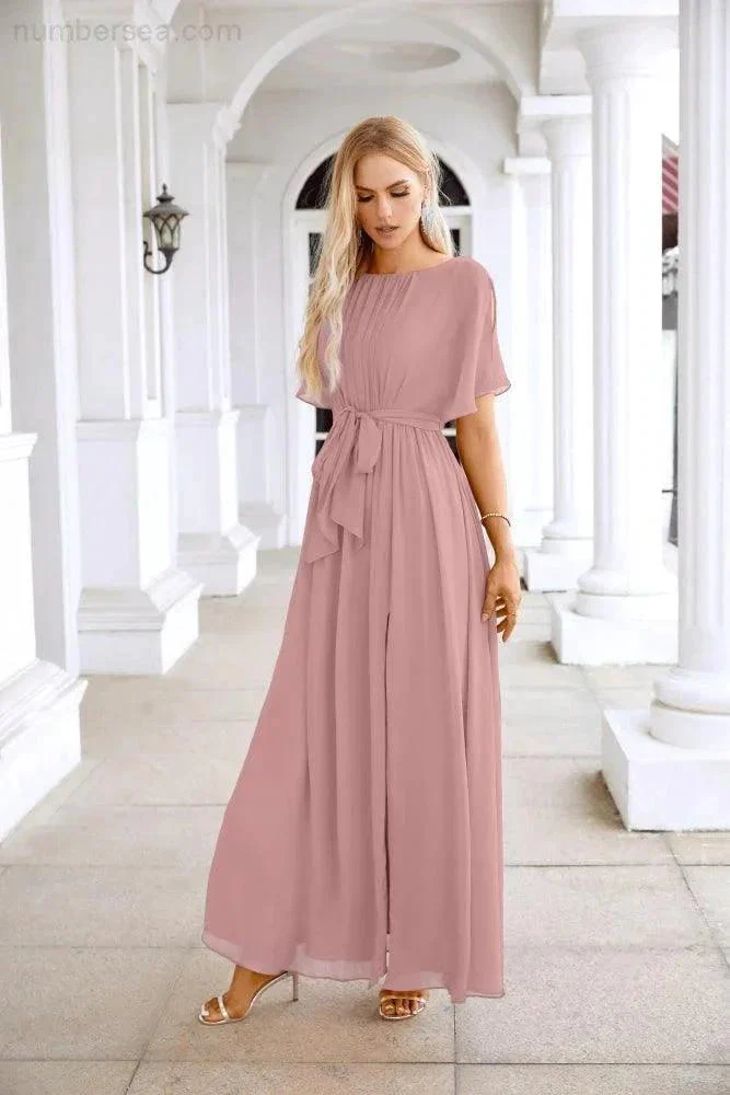 Ladies Chiffon Sleeve Crew Neck Front Slit Floor Length Bridesmaid Evening Dress Wedding Party Evening Dress 28124 - Image 163