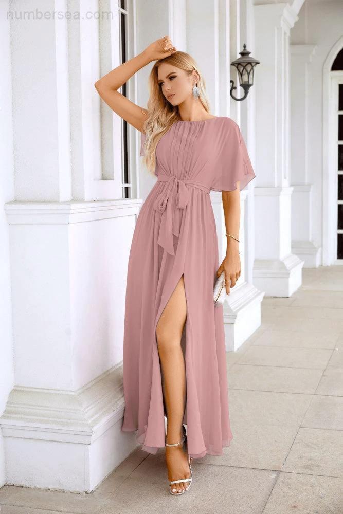 Ladies Chiffon Sleeve Crew Neck Front Slit Floor Length Bridesmaid Evening Dress Wedding Party Evening Dress 28124 - Image 164