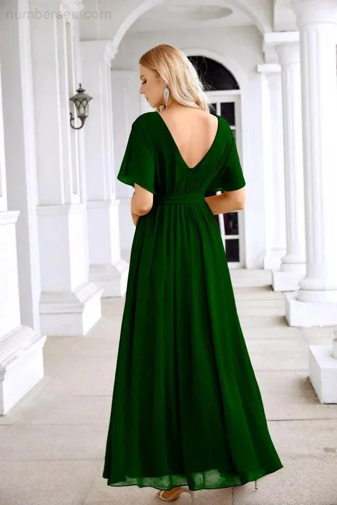 Ladies Chiffon Sleeve Crew Neck Front Slit Floor Length Bridesmaid Evening Dress Wedding Party Evening Dress 28124 - Image 166