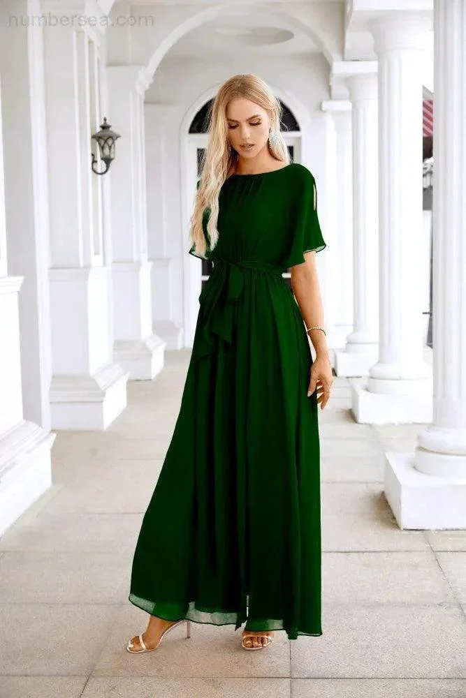 Ladies Chiffon Sleeve Crew Neck Front Slit Floor Length Bridesmaid Evening Dress Wedding Party Evening Dress 28124 - Image 167