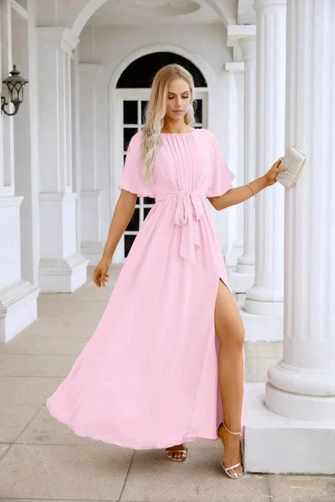 Ladies Chiffon Sleeve Crew Neck Front Slit Floor Length Bridesmaid Evening Dress Wedding Party Evening Dress 28124 - Image 17
