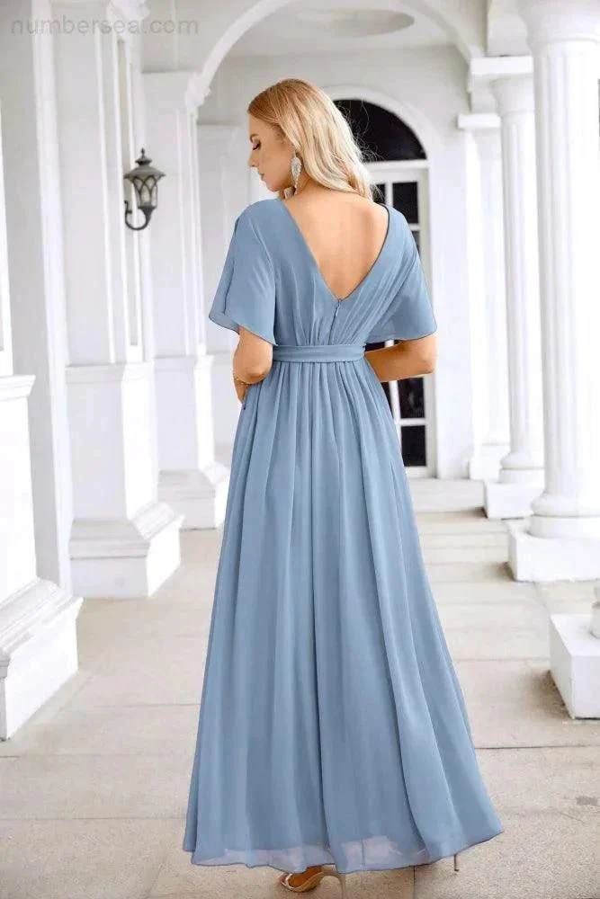 Ladies Chiffon Sleeve Crew Neck Front Slit Floor Length Bridesmaid Evening Dress Wedding Party Evening Dress 28124 - Image 170