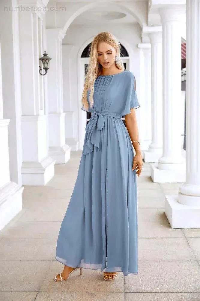 Ladies Chiffon Sleeve Crew Neck Front Slit Floor Length Bridesmaid Evening Dress Wedding Party Evening Dress 28124 - Image 171