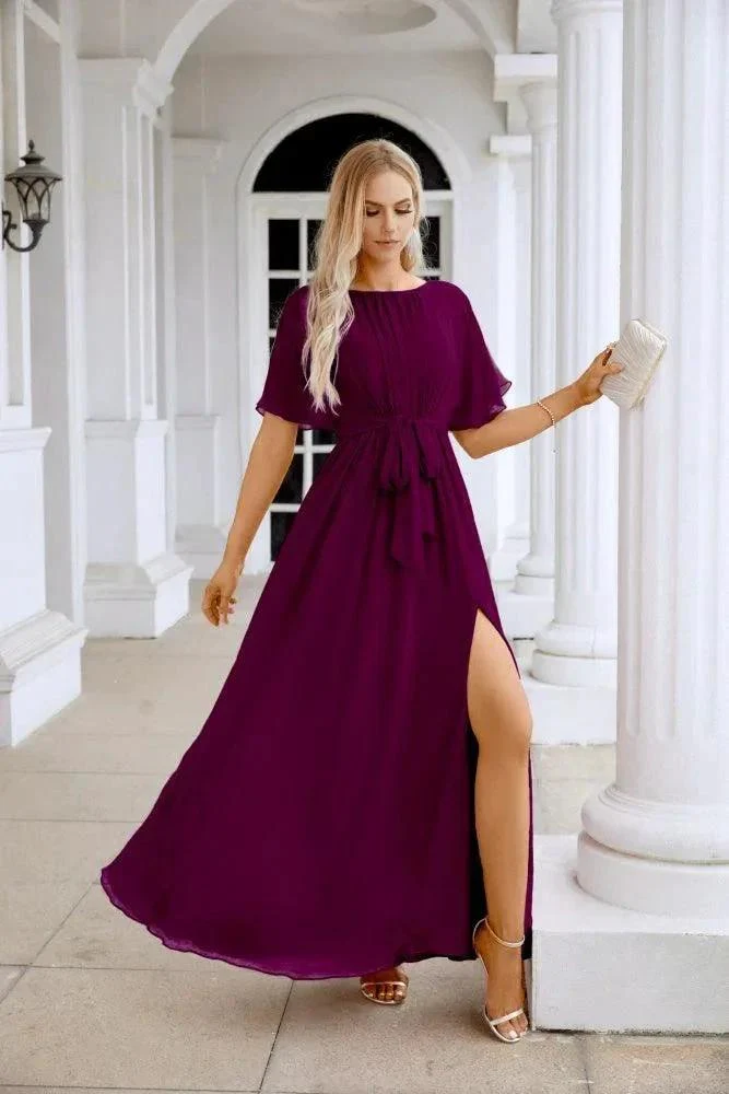 Ladies Chiffon Sleeve Crew Neck Front Slit Floor Length Bridesmaid Evening Dress Wedding Party Evening Dress 28124 - Image 173
