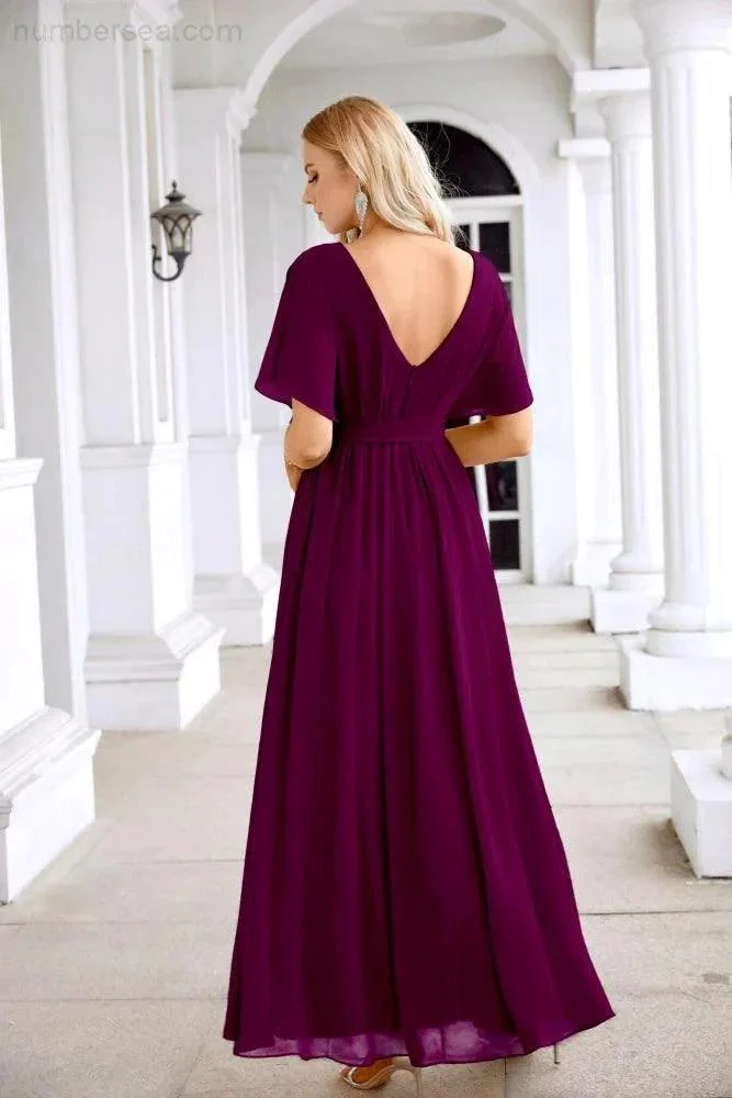 Ladies Chiffon Sleeve Crew Neck Front Slit Floor Length Bridesmaid Evening Dress Wedding Party Evening Dress 28124 - Image 174