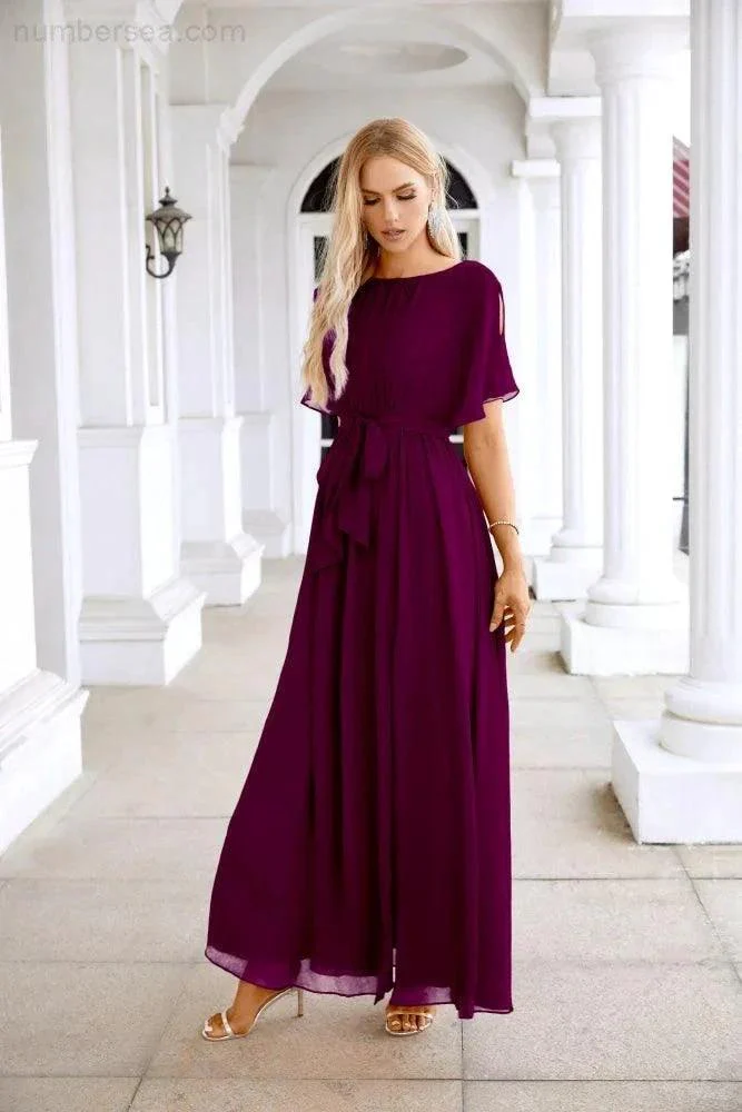 Ladies Chiffon Sleeve Crew Neck Front Slit Floor Length Bridesmaid Evening Dress Wedding Party Evening Dress 28124 - Image 175