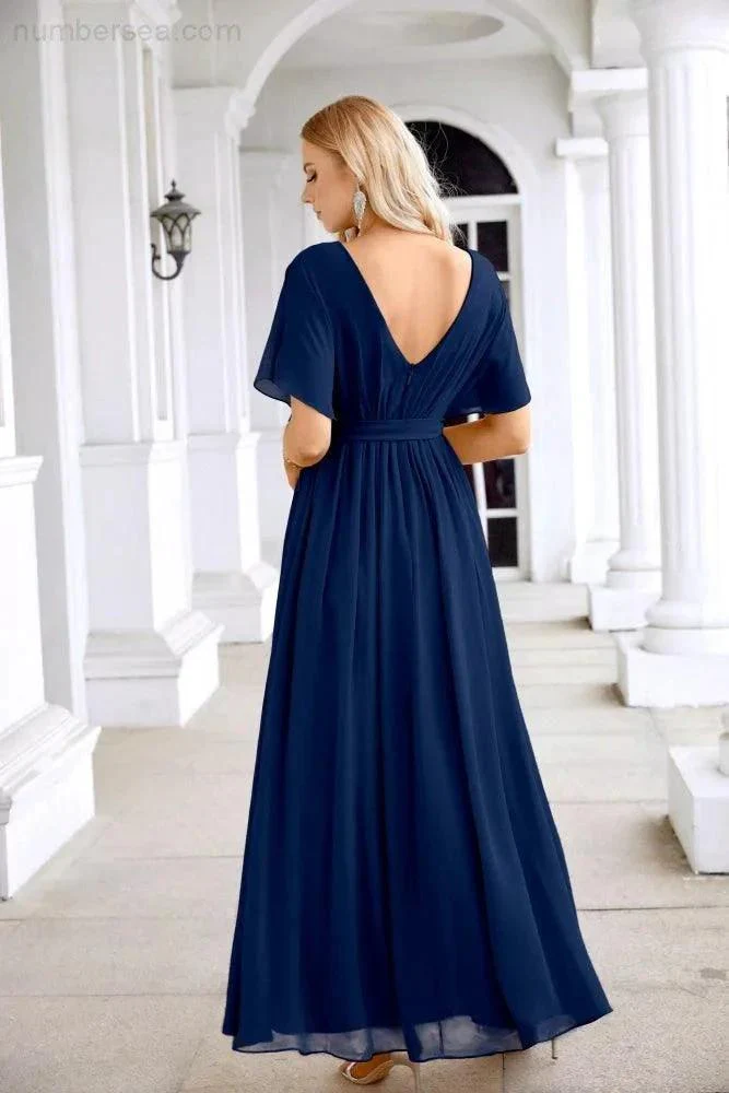 Ladies Chiffon Sleeve Crew Neck Front Slit Floor Length Bridesmaid Evening Dress Wedding Party Evening Dress 28124 - Image 178