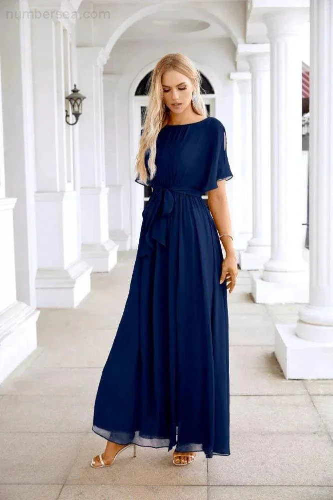 Ladies Chiffon Sleeve Crew Neck Front Slit Floor Length Bridesmaid Evening Dress Wedding Party Evening Dress 28124 - Image 179