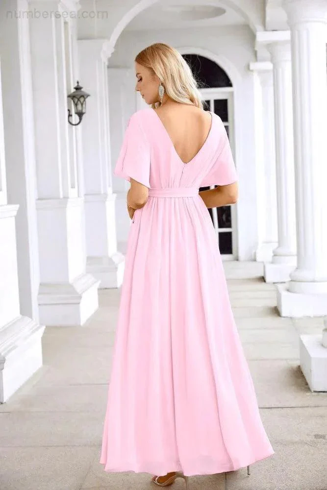 Ladies Chiffon Sleeve Crew Neck Front Slit Floor Length Bridesmaid Evening Dress Wedding Party Evening Dress 28124 - Image 18