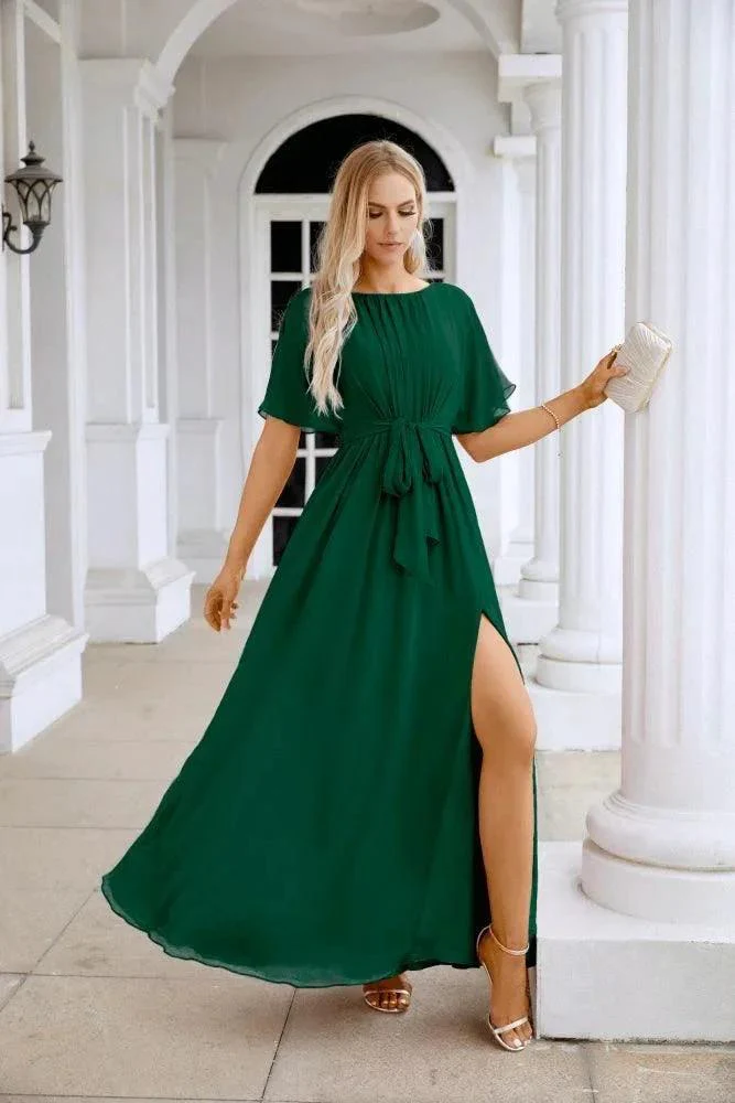 Ladies Chiffon Sleeve Crew Neck Front Slit Floor Length Bridesmaid Evening Dress Wedding Party Evening Dress 28124 - Image 181
