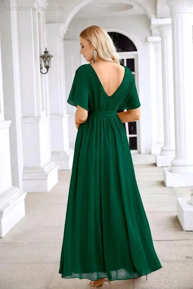Ladies Chiffon Sleeve Crew Neck Front Slit Floor Length Bridesmaid Evening Dress Wedding Party Evening Dress 28124 - Image 182