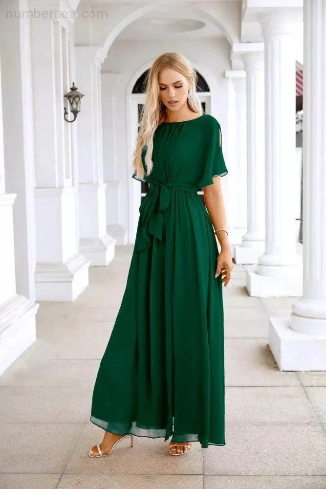 Ladies Chiffon Sleeve Crew Neck Front Slit Floor Length Bridesmaid Evening Dress Wedding Party Evening Dress 28124 - Image 183