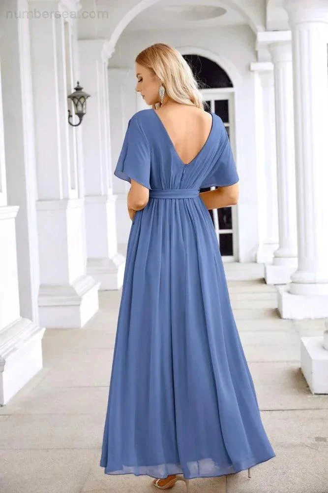 Ladies Chiffon Sleeve Crew Neck Front Slit Floor Length Bridesmaid Evening Dress Wedding Party Evening Dress 28124 - Image 186
