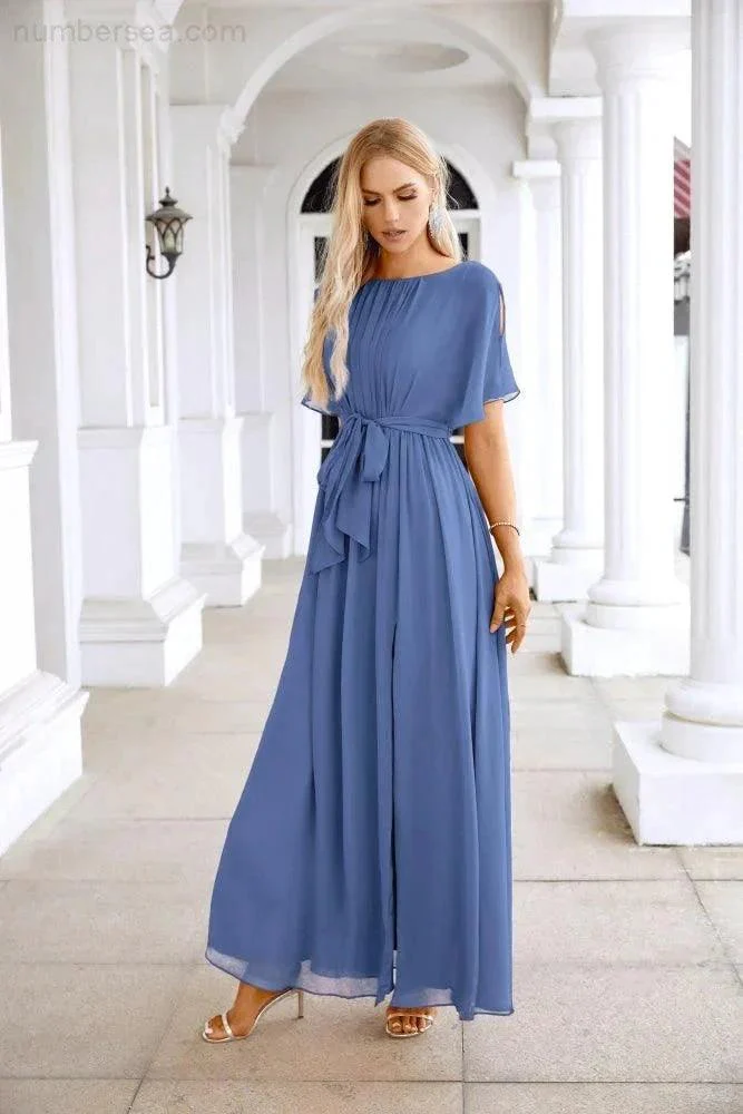 Ladies Chiffon Sleeve Crew Neck Front Slit Floor Length Bridesmaid Evening Dress Wedding Party Evening Dress 28124 - Image 187