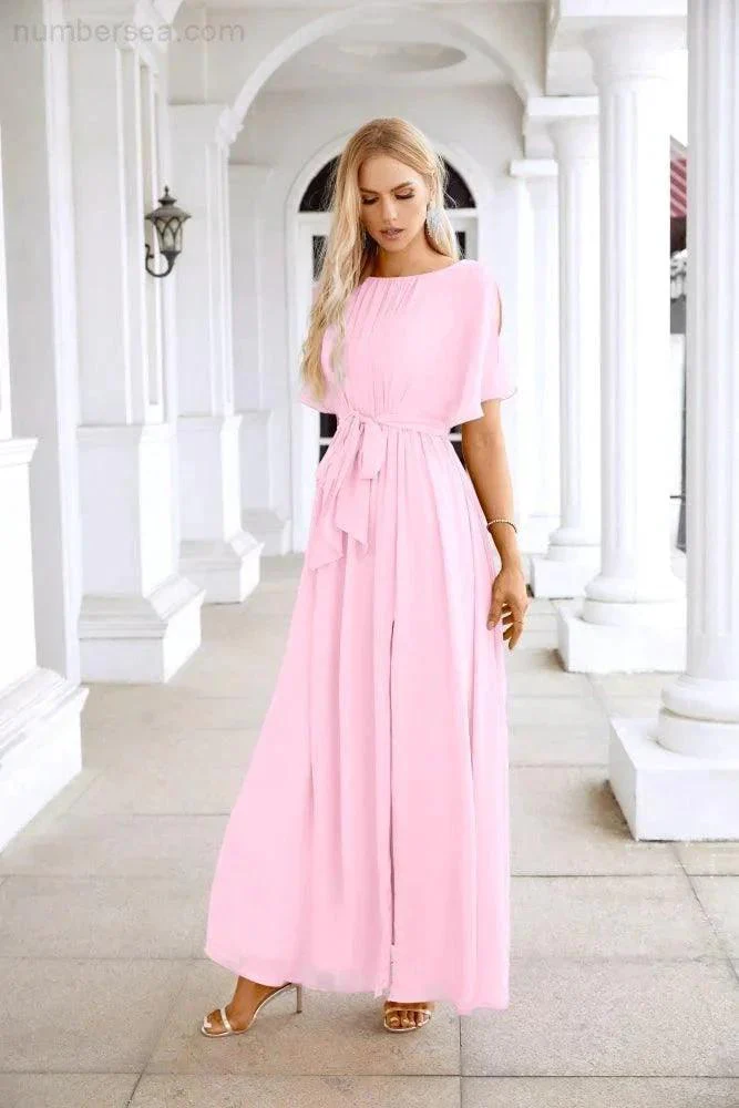 Ladies Chiffon Sleeve Crew Neck Front Slit Floor Length Bridesmaid Evening Dress Wedding Party Evening Dress 28124 - Image 19