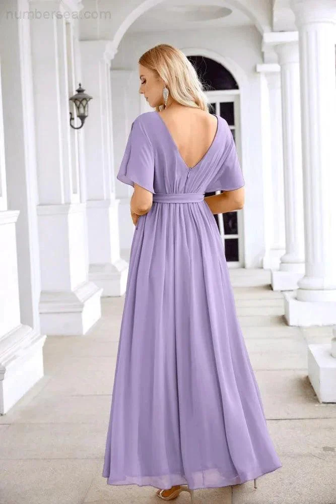 Ladies Chiffon Sleeve Crew Neck Front Slit Floor Length Bridesmaid Evening Dress Wedding Party Evening Dress 28124 - Image 190