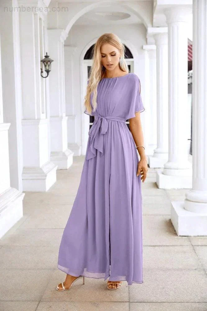Ladies Chiffon Sleeve Crew Neck Front Slit Floor Length Bridesmaid Evening Dress Wedding Party Evening Dress 28124 - Image 191