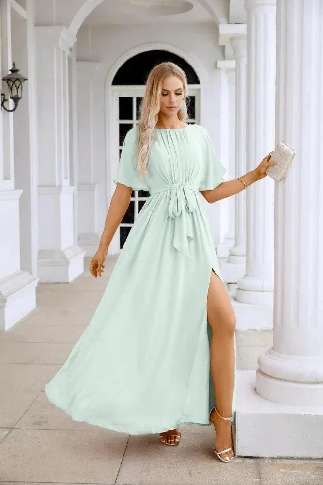 Ladies Chiffon Sleeve Crew Neck Front Slit Floor Length Bridesmaid Evening Dress Wedding Party Evening Dress 28124 - Image 193