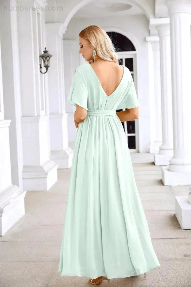 Ladies Chiffon Sleeve Crew Neck Front Slit Floor Length Bridesmaid Evening Dress Wedding Party Evening Dress 28124 - Image 194