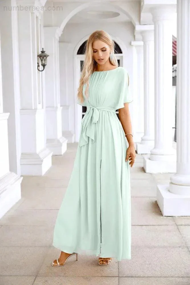Ladies Chiffon Sleeve Crew Neck Front Slit Floor Length Bridesmaid Evening Dress Wedding Party Evening Dress 28124 - Image 195