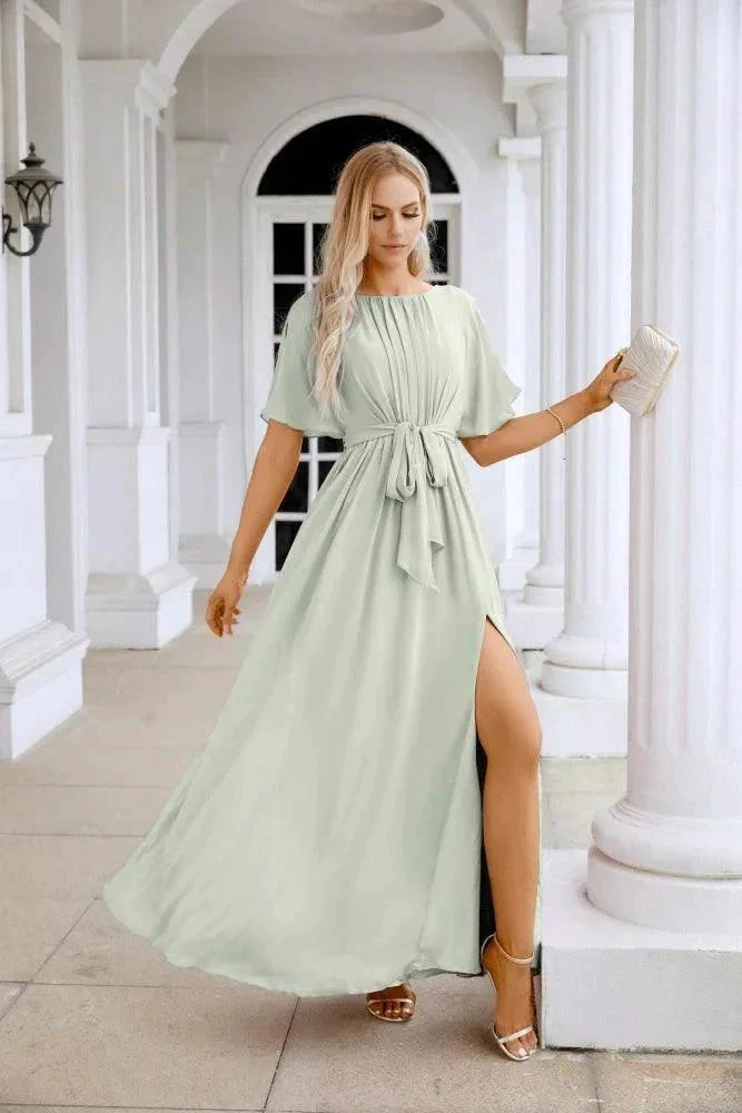 Ladies Chiffon Sleeve Crew Neck Front Slit Floor Length Bridesmaid Evening Dress Wedding Party Evening Dress 28124 - Image 197