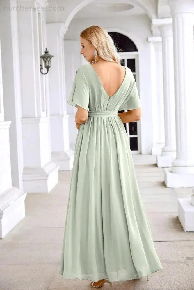 Ladies Chiffon Sleeve Crew Neck Front Slit Floor Length Bridesmaid Evening Dress Wedding Party Evening Dress 28124 - Image 198