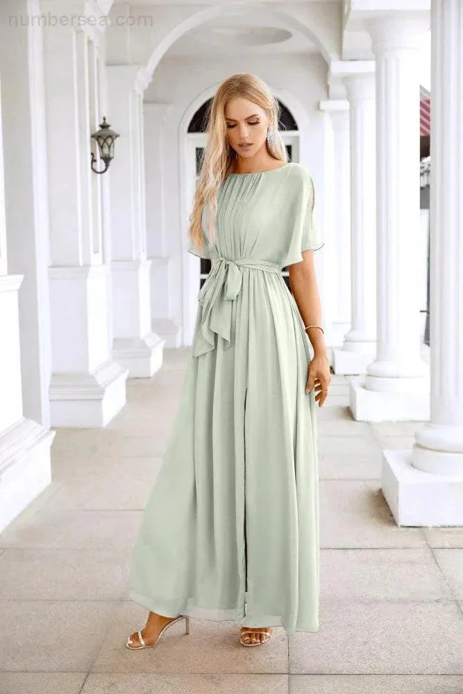 Ladies Chiffon Sleeve Crew Neck Front Slit Floor Length Bridesmaid Evening Dress Wedding Party Evening Dress 28124 - Image 199