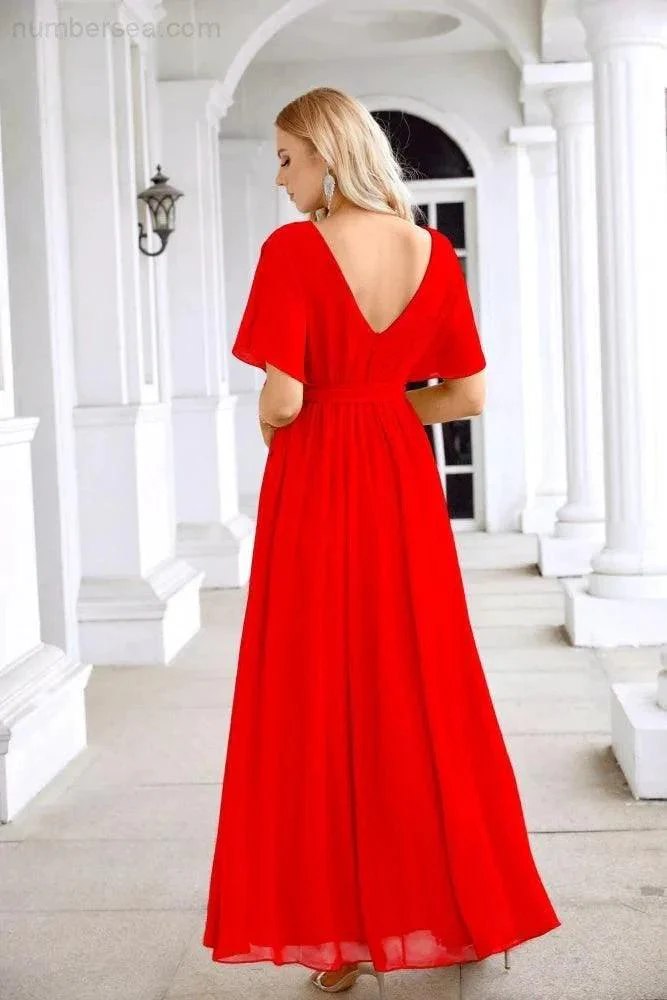Ladies Chiffon Sleeve Crew Neck Front Slit Floor Length Bridesmaid Evening Dress Wedding Party Evening Dress 28124 - Image 2