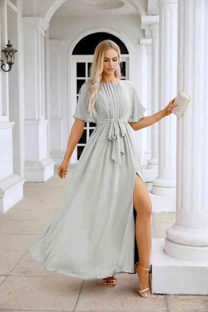 Ladies Chiffon Sleeve Crew Neck Front Slit Floor Length Bridesmaid Evening Dress Wedding Party Evening Dress 28124 - Image 201