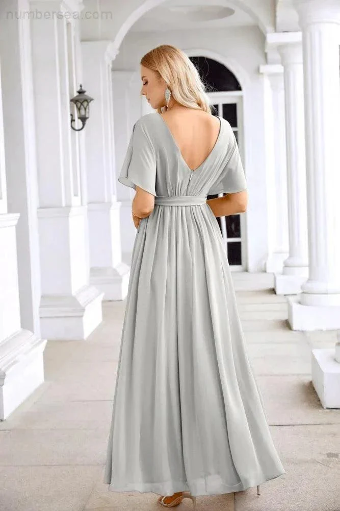 Ladies Chiffon Sleeve Crew Neck Front Slit Floor Length Bridesmaid Evening Dress Wedding Party Evening Dress 28124 - Image 202