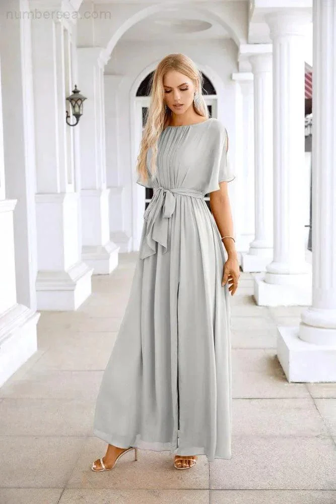 Ladies Chiffon Sleeve Crew Neck Front Slit Floor Length Bridesmaid Evening Dress Wedding Party Evening Dress 28124 - Image 203