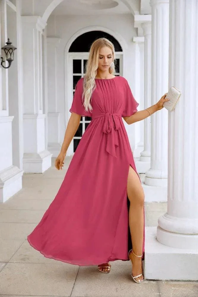 Ladies Chiffon Sleeve Crew Neck Front Slit Floor Length Bridesmaid Evening Dress Wedding Party Evening Dress 28124 - Image 205
