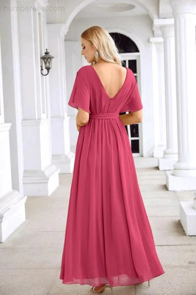 Ladies Chiffon Sleeve Crew Neck Front Slit Floor Length Bridesmaid Evening Dress Wedding Party Evening Dress 28124 - Image 206