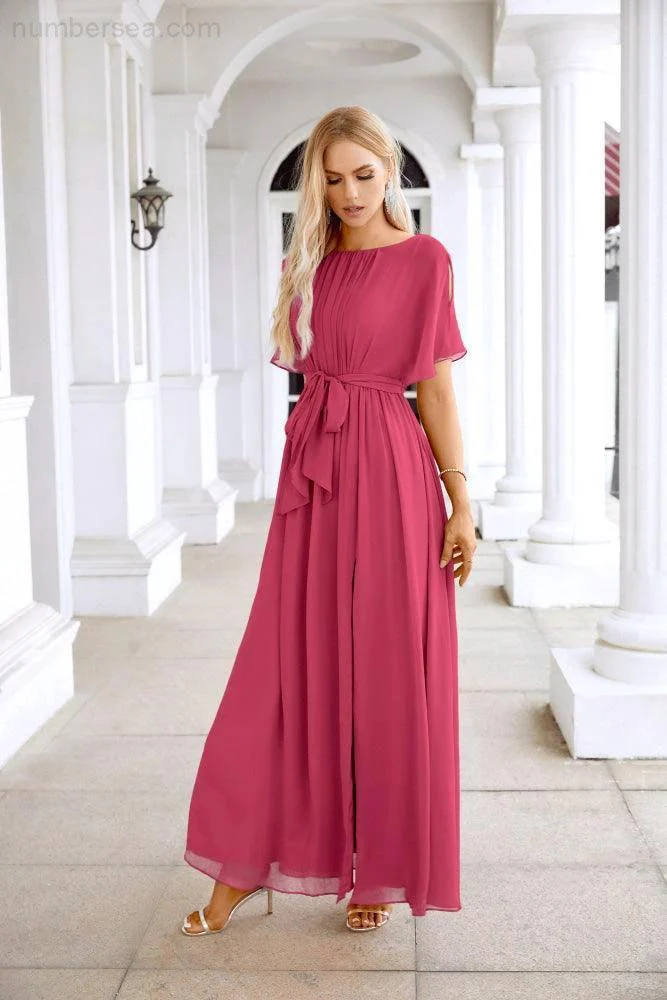 Ladies Chiffon Sleeve Crew Neck Front Slit Floor Length Bridesmaid Evening Dress Wedding Party Evening Dress 28124 - Image 207