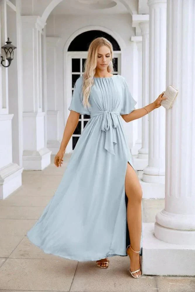 Ladies Chiffon Sleeve Crew Neck Front Slit Floor Length Bridesmaid Evening Dress Wedding Party Evening Dress 28124 - Image 209