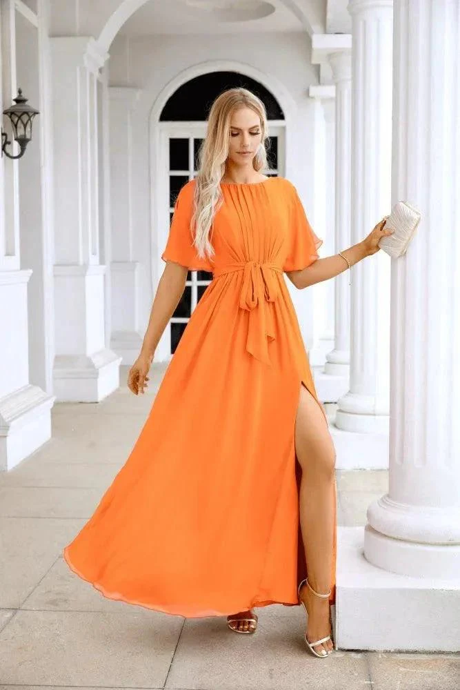 Ladies Chiffon Sleeve Crew Neck Front Slit Floor Length Bridesmaid Evening Dress Wedding Party Evening Dress 28124 - Image 21