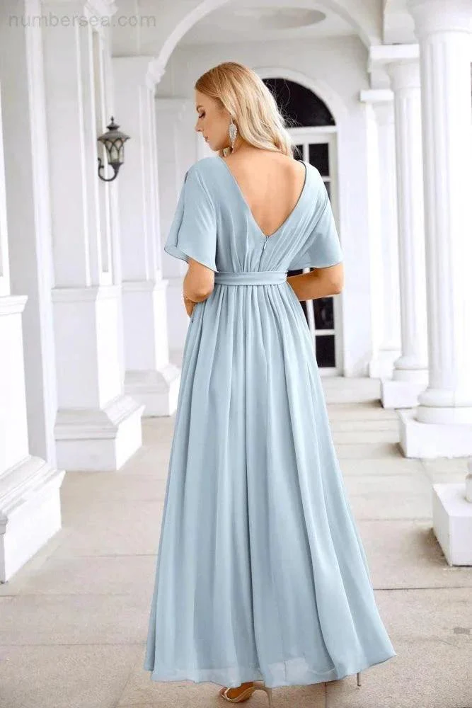 Ladies Chiffon Sleeve Crew Neck Front Slit Floor Length Bridesmaid Evening Dress Wedding Party Evening Dress 28124 - Image 210