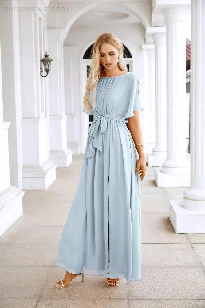 Ladies Chiffon Sleeve Crew Neck Front Slit Floor Length Bridesmaid Evening Dress Wedding Party Evening Dress 28124 - Image 211