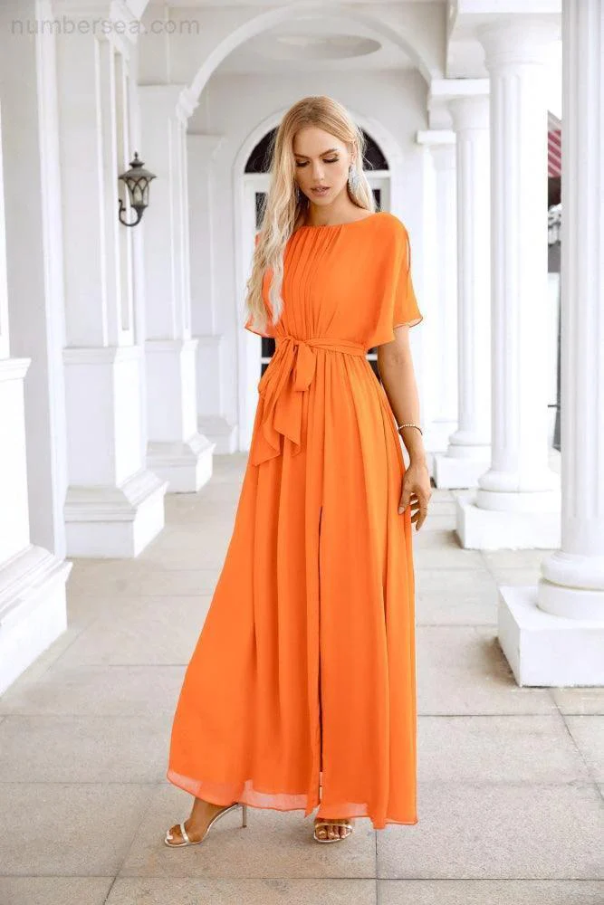 Ladies Chiffon Sleeve Crew Neck Front Slit Floor Length Bridesmaid Evening Dress Wedding Party Evening Dress 28124 - Image 23