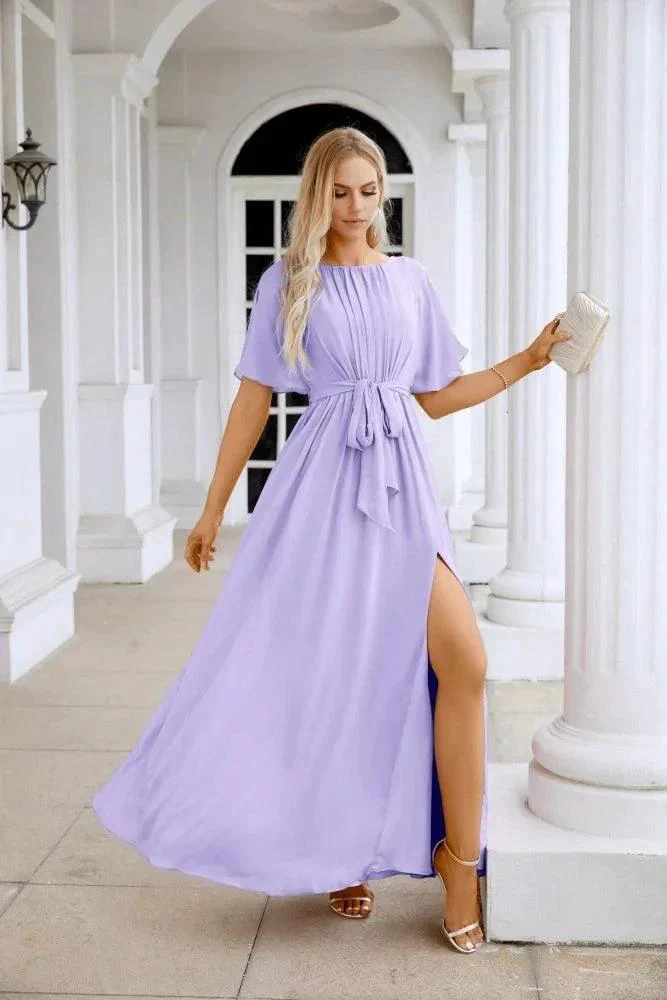 Ladies Chiffon Sleeve Crew Neck Front Slit Floor Length Bridesmaid Evening Dress Wedding Party Evening Dress 28124 - Image 25
