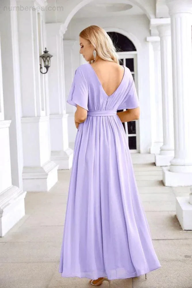 Ladies Chiffon Sleeve Crew Neck Front Slit Floor Length Bridesmaid Evening Dress Wedding Party Evening Dress 28124 - Image 26